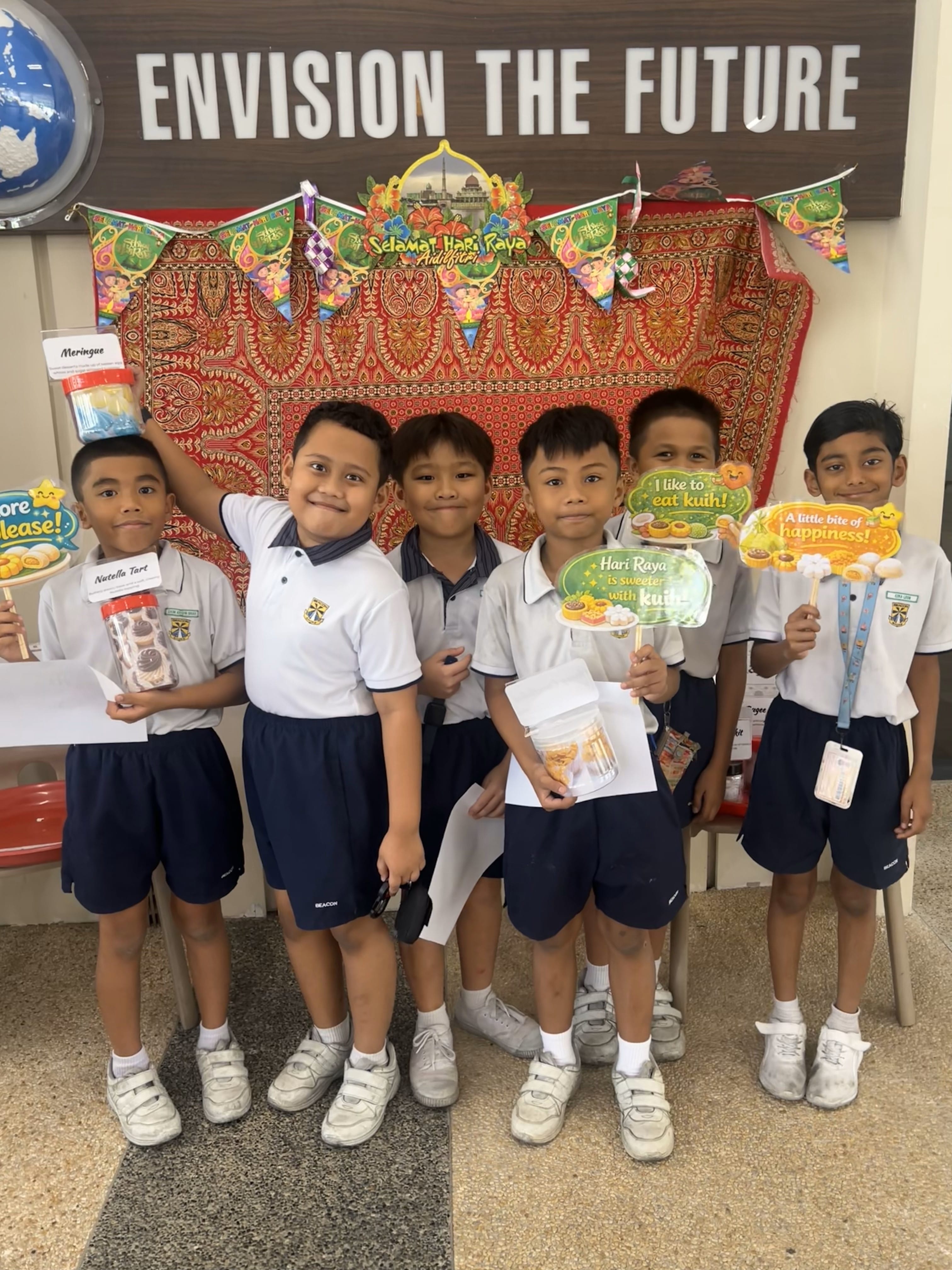 Students trying on various kuih during recess 